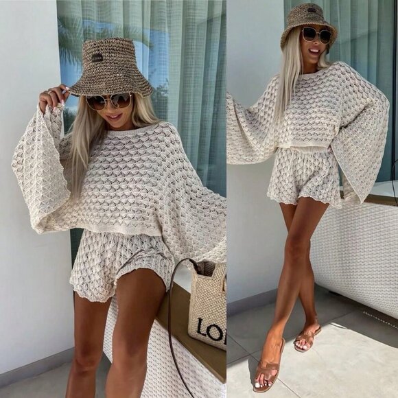 Sweaters - Apricot boho Women's Hollow Out Round Neck Long Sleeve Knit Sweater & Short set